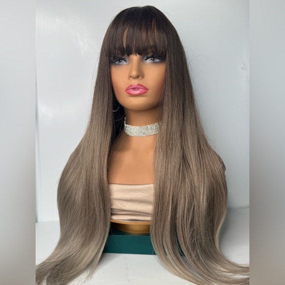 Light Ash Blonde Balayage Brown Roots long Hair Wig with Bangs 28 in Realistic - Picture 2 of 9